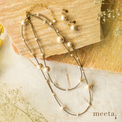 淡水パールとコットンパールのビーズ・ケプラーネックレスセット(ブラウン・チタンピアス)【配送不可地域：沖縄県】