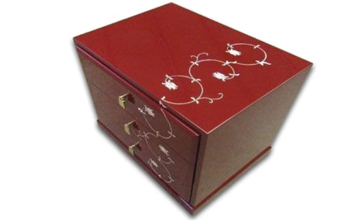 【高岡漆器】三つ引きタンス　古代朱　唐草 収納 ケース 