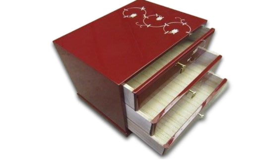 【高岡漆器】三つ引きタンス　古代朱　唐草 収納 ケース 