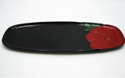 コヒ盆牡丹模様彫入り漆蒔絵 民芸品 工芸品 雑貨 日用品 木