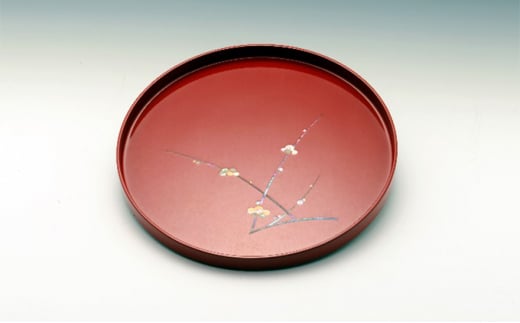100丸盆 枝梅（貝入）朱 雑貨 日用品 工芸品  FAD-1219
