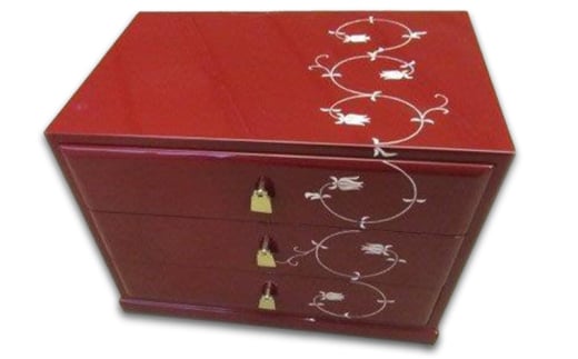【高岡漆器】三つ引きタンス　古代朱　唐草 収納 ケース 