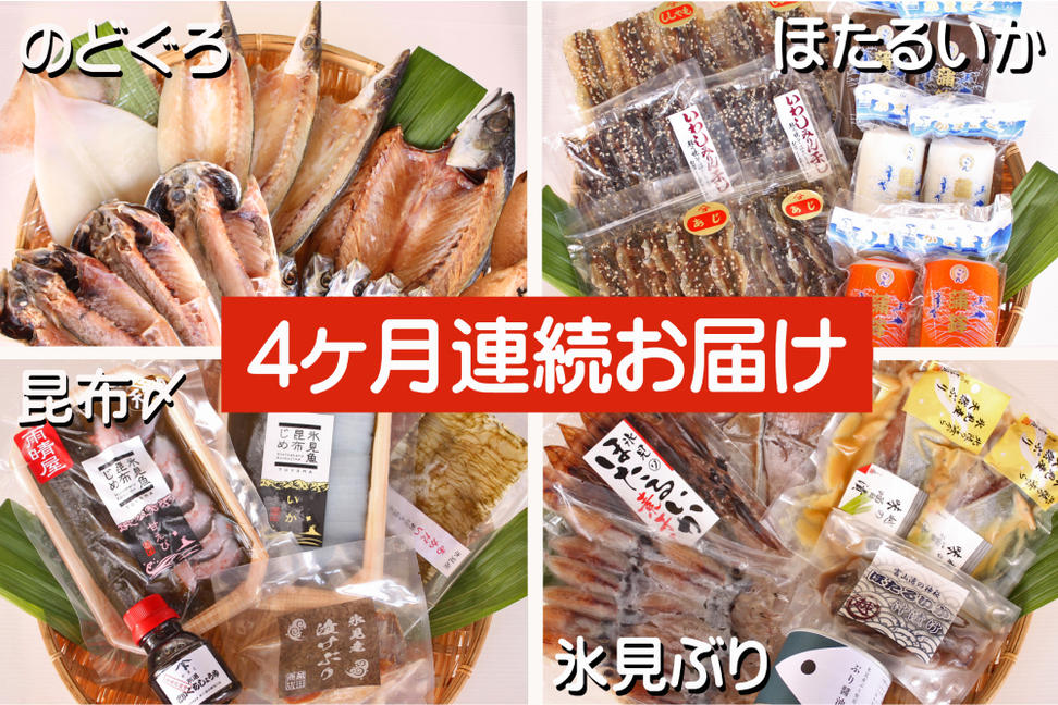 【４ヶ月連続お届け】氷見堀与 一夜干・昆布〆刺身・海の