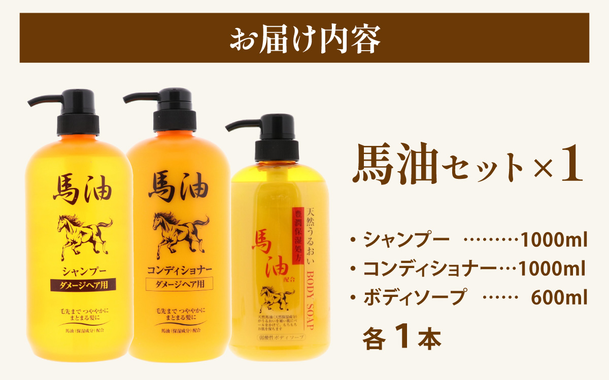 馬油セット（シャンプー・コンディショナー・ボディソープ　各１本）