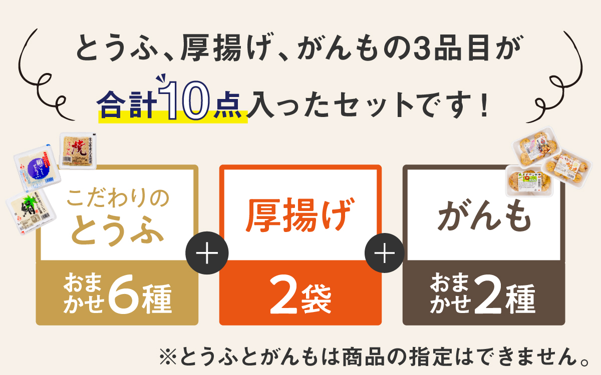 とうふ 厚揚げ がんもが入ったおまかせ 10点セット | 豆腐 あげ がんもどき 絹豆腐 木綿豆腐 やさい タンパク質 富山県 滑川市
