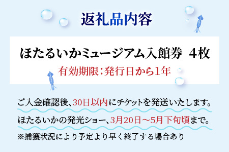ほたるいかミュージアム入館券4枚 ホタルイカの神秘の光を体験！