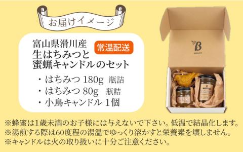 【先行予約】生はちみつと蜜蝋キャンドルのセット  ※25年6月以降順次発送予定 [A-033001]　滑川の里山で採れた非加熱の蜂蜜（百花蜜）と蜜蝋100%可愛らしい小鳥のキャンドル