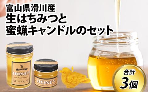 【先行予約】生はちみつと蜜蝋キャンドルのセット  ※25年6月以降順次発送予定 [A-033001]　滑川の里山で採れた非加熱の蜂蜜（百花蜜）と蜜蝋100%可愛らしい小鳥のキャンドル