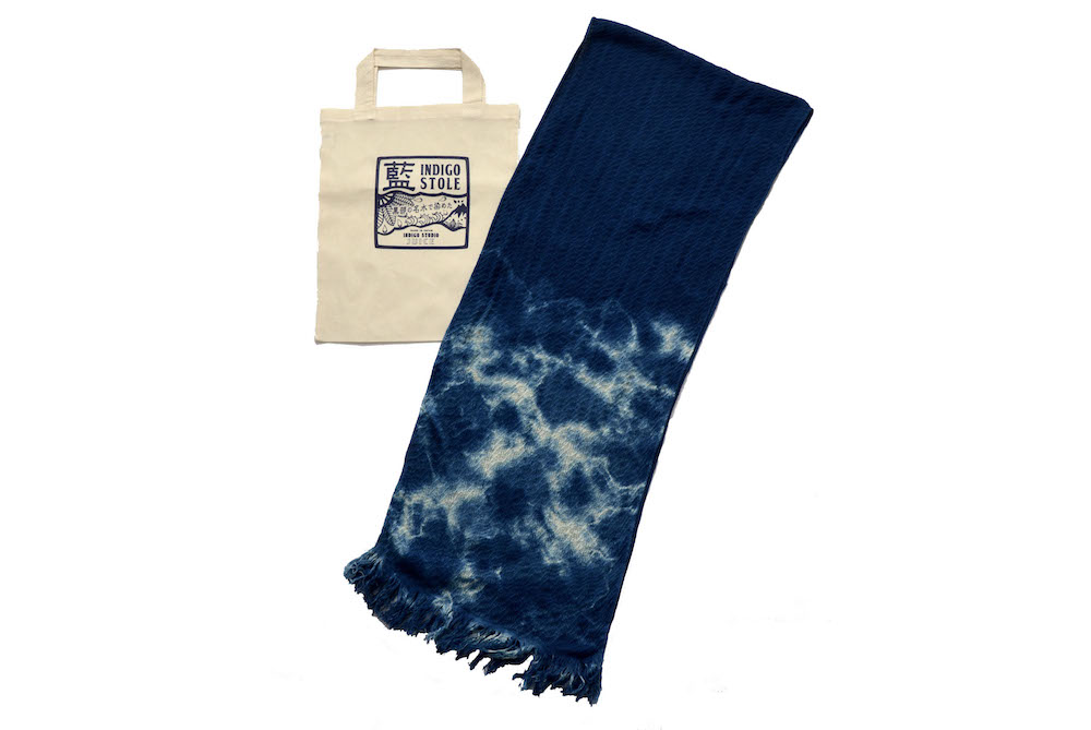 藍染めコットンリネンストール 3  黒部の名水染め