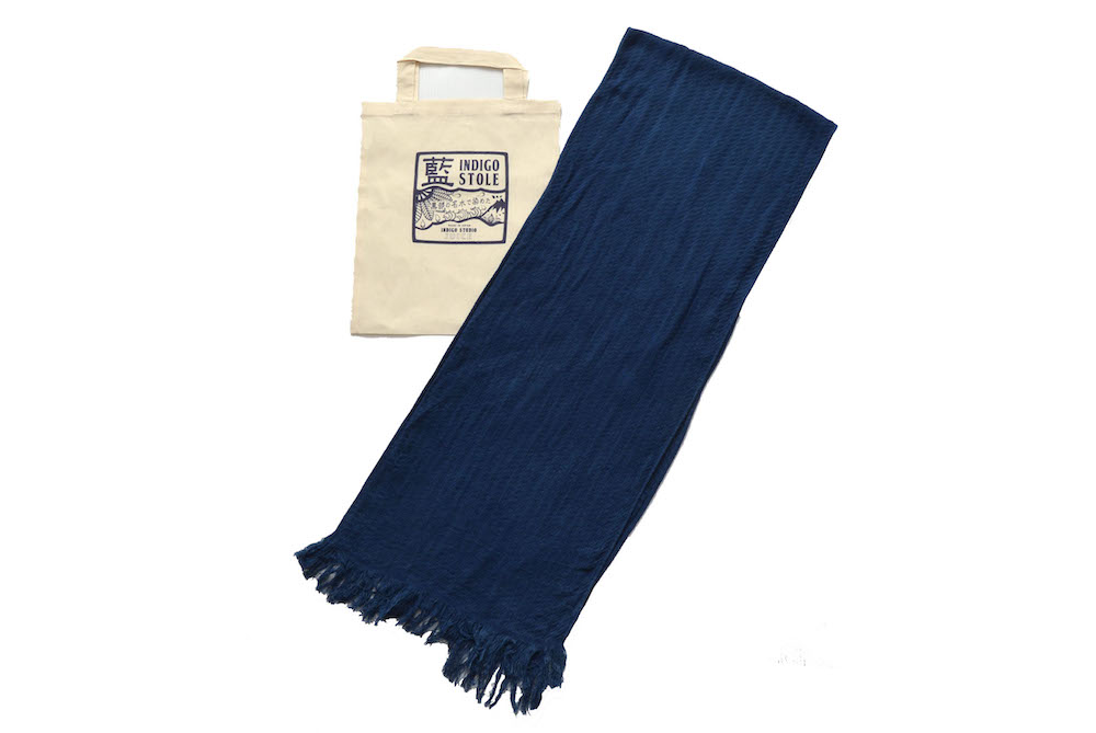 藍染めコットンリネンストール 1  黒部の名水染め
