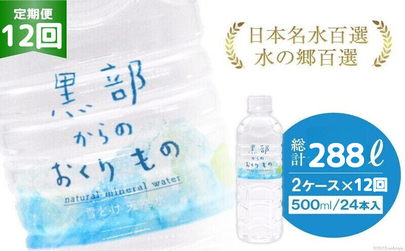 【合計576本】定期便 黒部からのおくりもの 500ml×24本×2ケース×12回 総計288L 名水百選 黒部の名水 防災 アウトドア ペットボトル