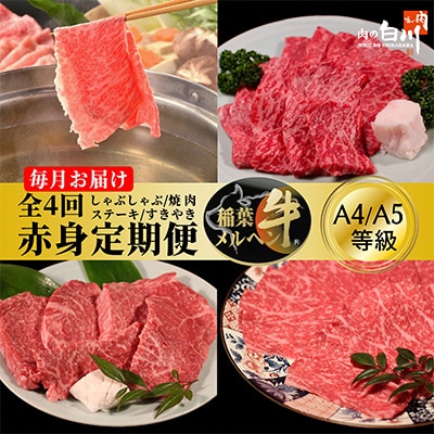 【毎月定期便】稲葉メルヘン牛【赤身】すき焼き・焼肉・ステーキ・しゃぶしゃぶ全4回【配送不可地域：離島・北海道・沖縄県・東北・中国・四国・九州】