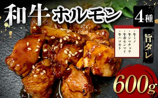 和牛ホルモン4種旨タレ（牛ミノ、牛シマチョウ、牛赤センマイ、牛ハツモト）600g 焼肉 ホルモン 内臓 牛 和牛 ほるもん みの しまちょう せんまい はつ たれ  F6T-561