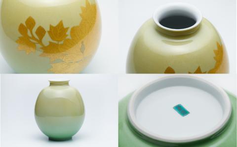 九谷焼「  釉裏金彩芙蓉文 花瓶（裏なし）」人間国宝 吉田美統