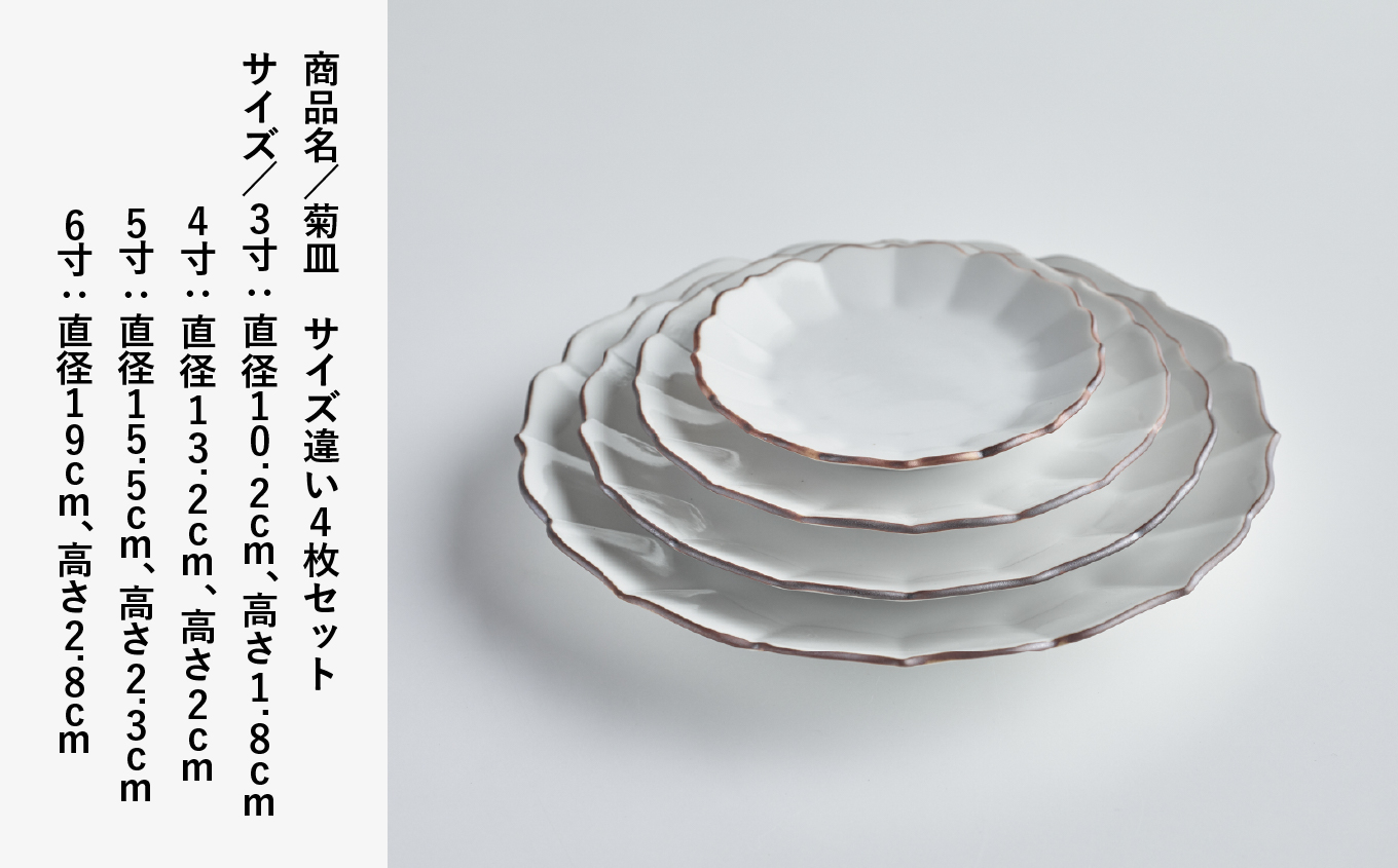 磁器白九谷「菊皿　サイズ違い4枚セット」九谷焼  石川県 小松市 北陸