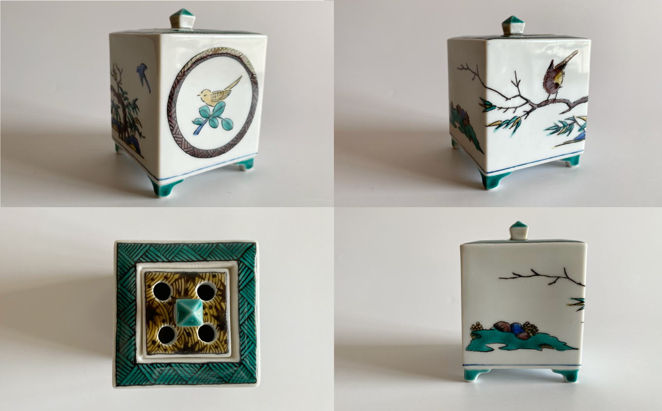 九谷焼「古九谷意 丸紋花鳥図 角香炉」浮田 健剛 　198004