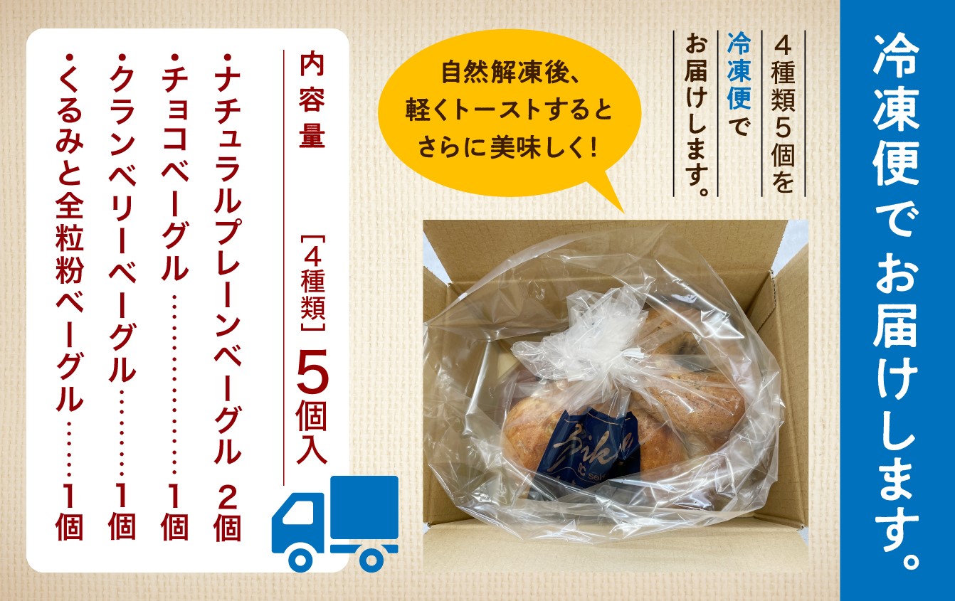 人気ベーグル4種5個詰め合わせセット プレーン チョコレート くるみと全粒粉 クランベリー Bikke