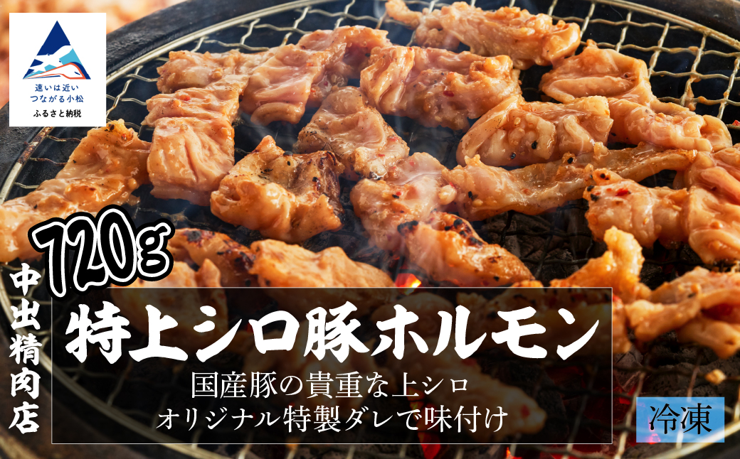 【中出精肉店】国産豚の特上シロ720ｇ（4人前×2袋） ホルモン 冷凍便 石川県 小松市 北陸