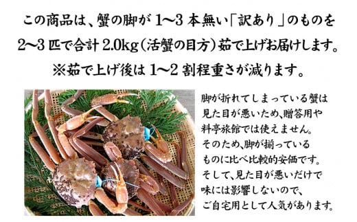石川県産 加能かに ズワイガニ ( 産地証明タグ付 ) 訳あり 足折れ 大サイズ 2～3匹 合計2.0kg 1月20日～ 3月31日発送 産地証明 訳あり 家庭用 自宅用 足折れ 先行予約 予約 ブランド蟹 ボイル 茹で 蟹 復興 震災 コロナ 能登半島地震復興支援 北陸新幹線 F6P-2786