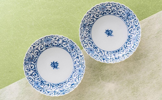 加賀九谷焼〈山本長左〉菊型中皿　唐草(2枚組)【高島屋選定品】[60C0611] F6P-1428