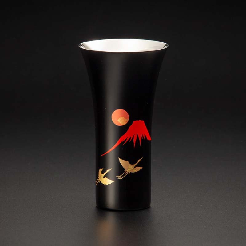 山中塗 漆磨シングルLカップ 手描き漆絵箔ちらし 赤富士に鶴 380ml 和紙コースター付 漆磨カップ コップ カップ 贈答 贈り物 父の日 母の日 敬老の日 ギフト 伝統工芸 工芸品 日本製 F6P-0618