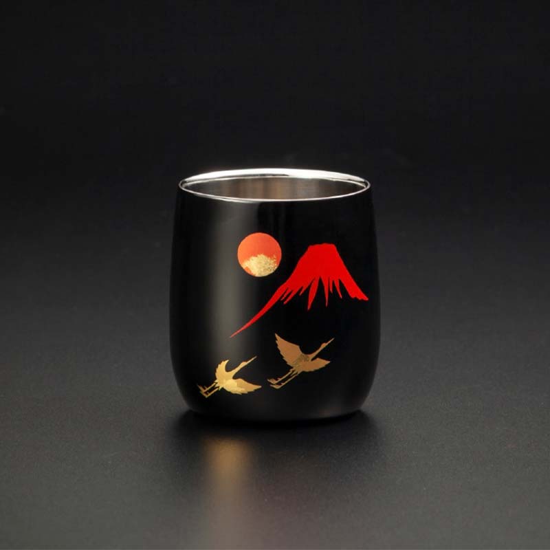 山中塗 漆磨2重ダルマカップ 手描き漆絵箔ちらし 赤富士に鶴 250ml 和紙コースター付 漆磨カップ コップ カップ 贈答 贈り物 父の日 母の日 敬老の日 ギフト 伝統工芸 工芸品 日本製 F6P-0619