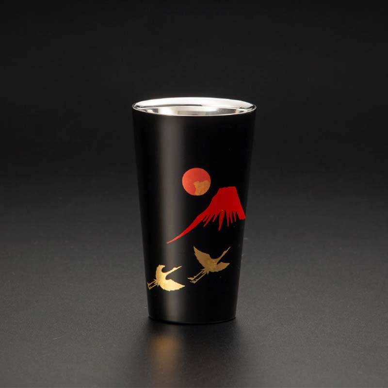 山中塗 漆磨2重ストレートカップ 手描き漆絵箔ちらし 赤富士に鶴 270ml 和紙コースター付 漆磨カップ コップ カップ 贈答 贈り物 父の日 母の日 敬老の日 ギフト 伝統工芸 工芸品 日本製 F6P-0620