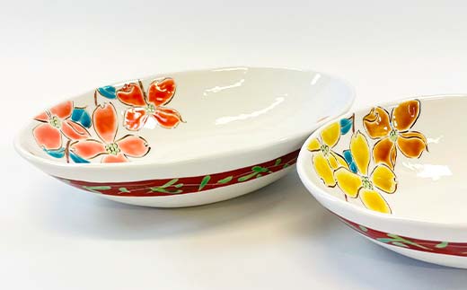 九谷焼 楕円ペア鉢 ハナミズキ 2個セット 伝統 工芸品 装飾品 盛り鉢 テーブルウェア 食器 プレゼント ギフト 贈り物 石川県 加賀市 F6P-2862