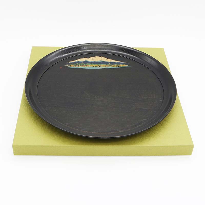 吉田華正作 漆盆 早春の白山 直径30.0×高さ2.2cm お盆 丸盆 轆轤挽き 黒染拭漆仕上げ 漆器 天然木 おぼん 贈答 贈り物 父の日 母の日 敬老の日 ギフト 伝統工芸 工芸品 日本製 F6P-1274