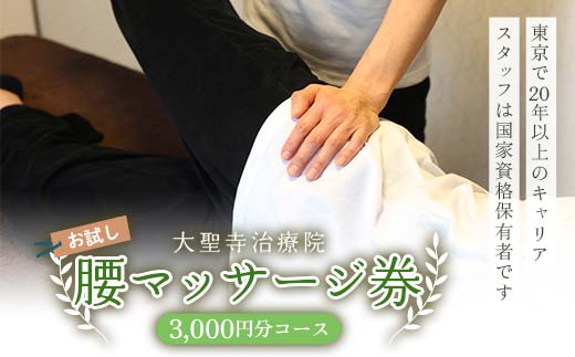 【お試し】腰マッサージ券（3,000円分コース）大聖寺治療院  治療 整体 疲労回復 プレゼント 癒し F6P-2800