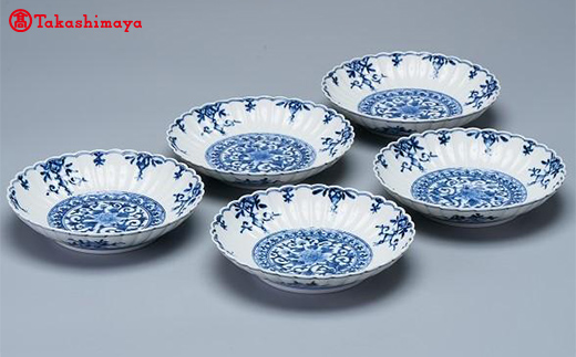 加賀九谷焼〈山本長左〉5号皿　瓔珞牡丹唐草　5枚組【高島屋選定品】［60C0331］ F6P-0060