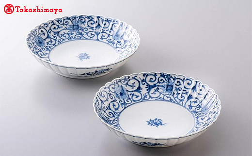 加賀九谷焼〈山本長左〉菊型中皿　唐草(2枚組)【高島屋選定品】[60C0611] F6P-1428