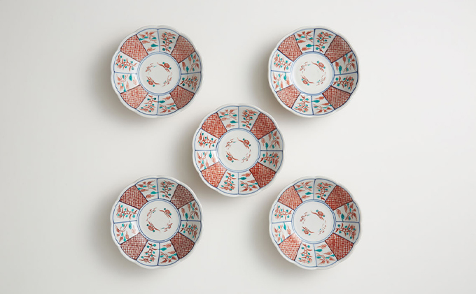 九谷焼　5号小鉢揃　赤絵小紋 a01 工芸品