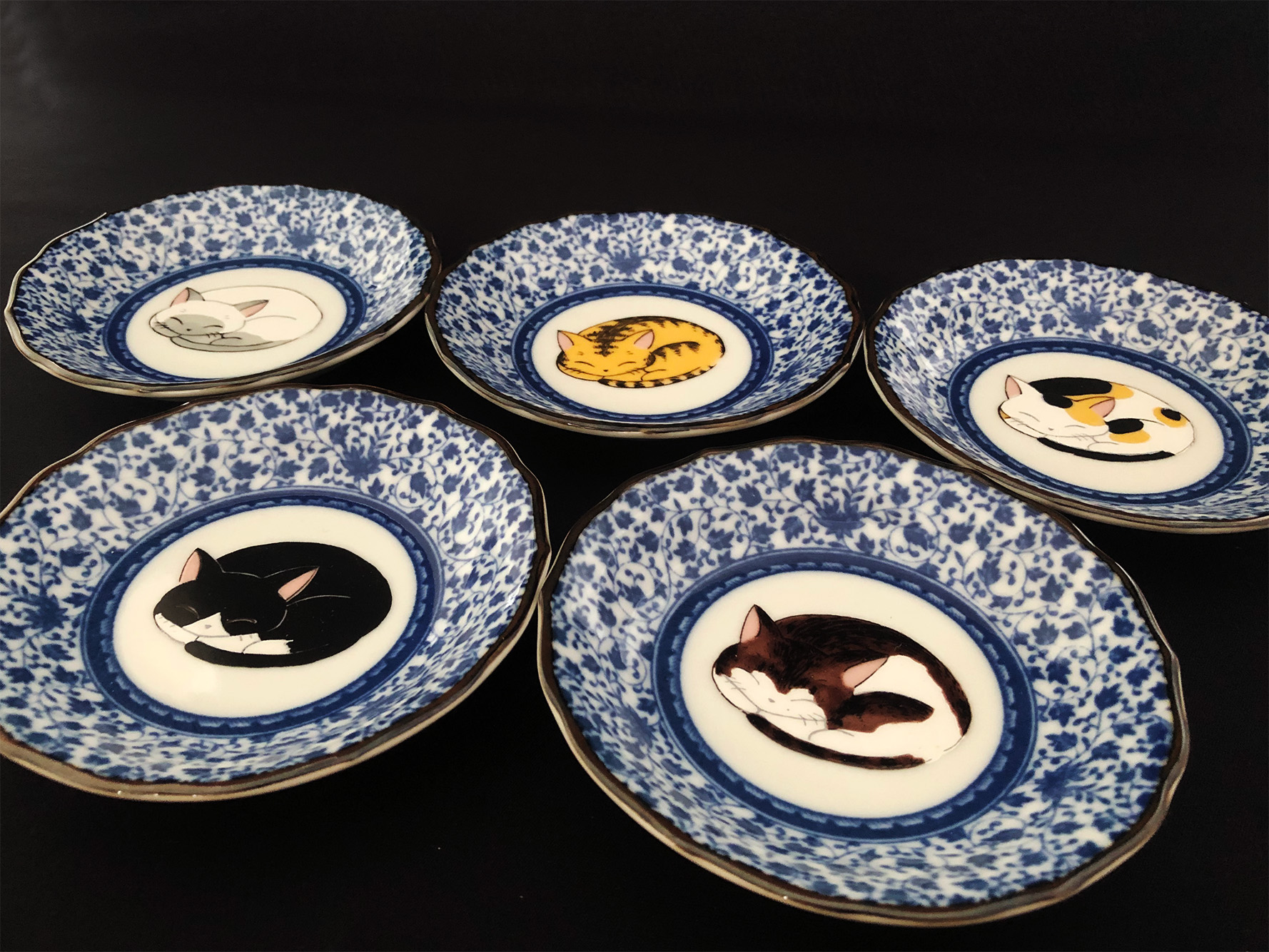 九谷焼　4号皿揃　眠り猫（5枚セット） a01