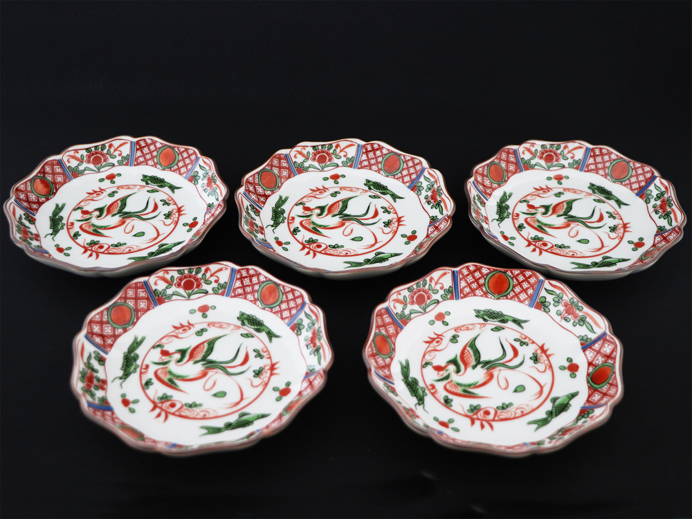 九谷焼　4.2号皿揃　赤絵鳳凰 （5枚セット）a01