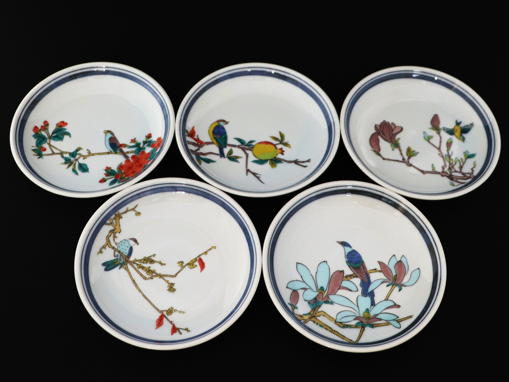 九谷焼　4.5号皿揃　花鳥絵変り（5枚セット）a01