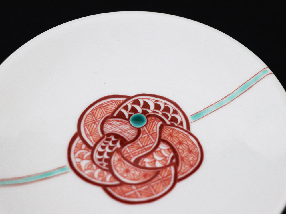 九谷焼　4号皿揃　赤絵水引文 （5枚セット）a01