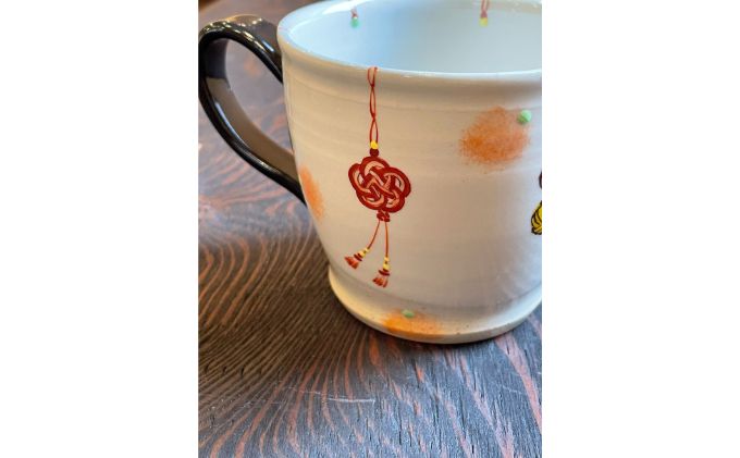 九谷珈琲と水引きマグカップ（虚空蔵窯）