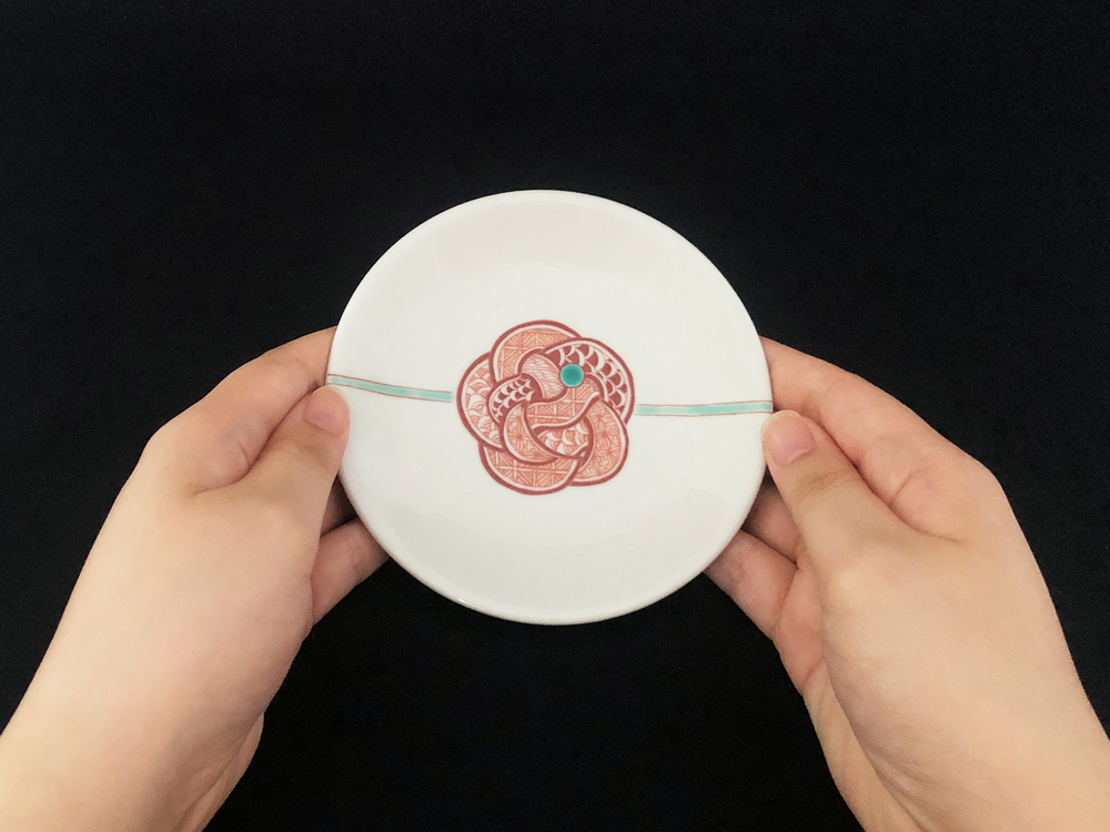 九谷焼　4号皿揃　赤絵水引文 （5枚セット）a01