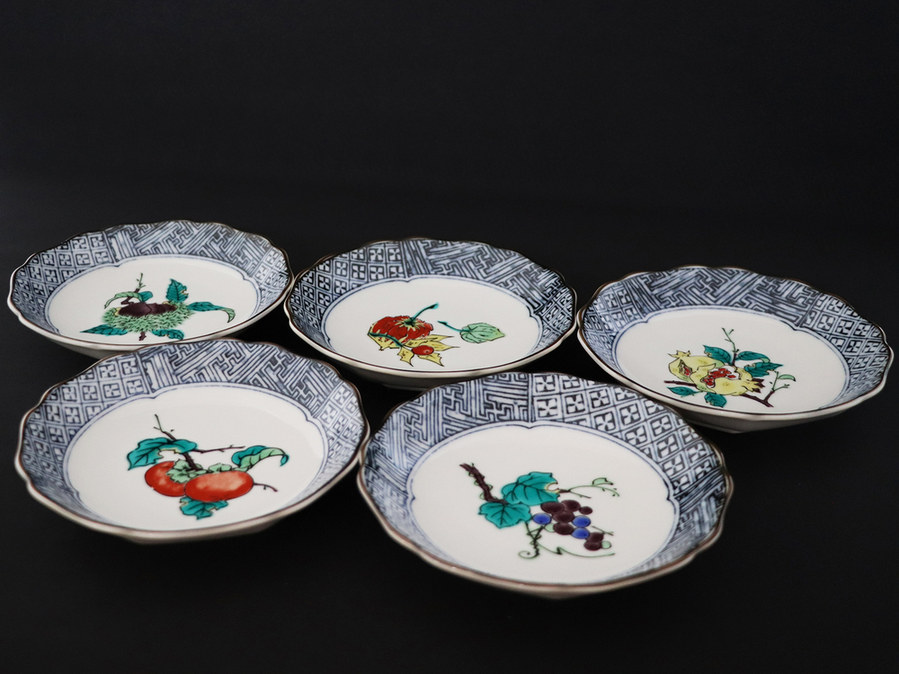 九谷焼　4.2号皿揃　果実絵変り（5枚セット）a01