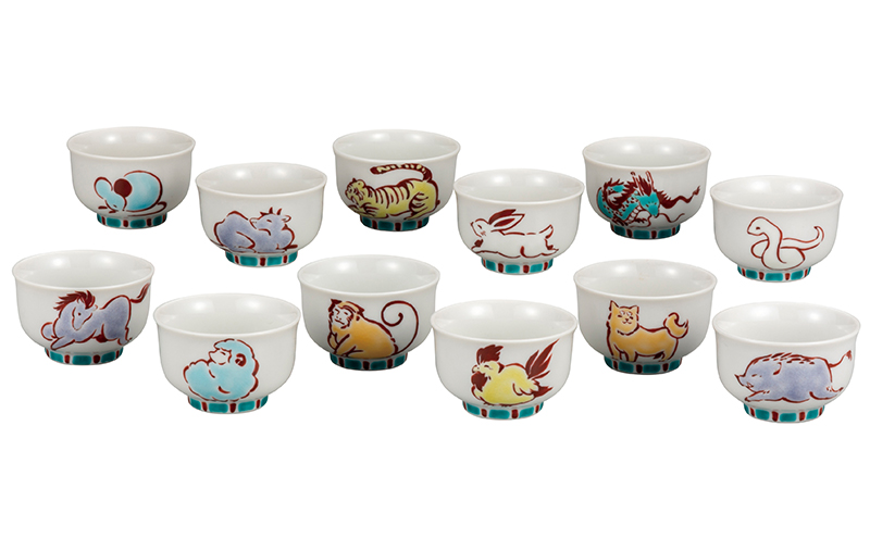 九谷焼　 組盃　朱彩十二支