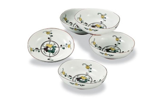 九⾕焼 4.6号 ⼩鉢揃 色絵⽠文 銀泉窯 a01 ⼯芸品