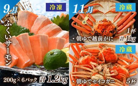 厳選 お楽しみ海鮮定期便 Premium　全6回 | 越前がに ズワイガニ カニ 蟹 ずわいがに えび サーモン ふくいサーモン 鯖 サバ 鯛 タイ 小鯛 ささ漬け うなぎ 冷凍 冷蔵 小分け 福井県 小浜市 日本海  【配送不可地域：北海道・沖縄・離島】  [BFAA008]