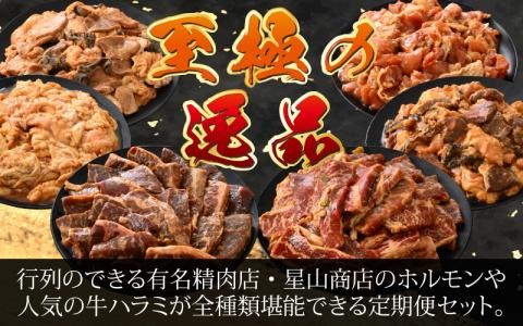 【6ヶ月定期便】【全国ホルモン大会初代優勝】星山ホルモン　ホルモン全種、若鶏、牛ハラミ、牛カルビの6ヶ月定期便セット【行列のできるお店】