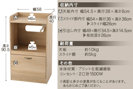 【３色から選べる】【 完成品 】キッチン収納 ミニ レンジ台 高さ90cm 幅58cm ロータイプ 2口コンセント付き（ホワイト）