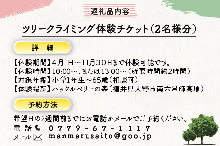ワクワク 木登り体験！ツリークライミング＆森カフェ2名様分[B-010001]