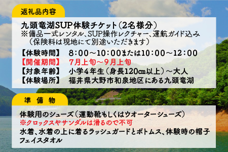 自然を堪能！九頭竜湖SUP体験 2名様分[C-010003]