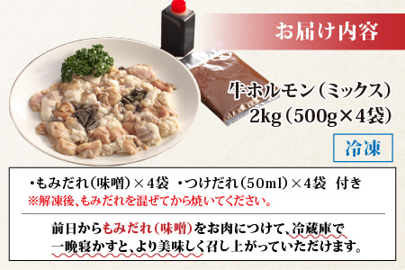 ホルモンの老舗 六間星山の牛ホルモン（ミックス）2kg（500ｇ×4袋）[A-026008]