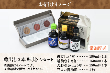 【大本山永平寺御用達 野村醤油】蔵出し3本 味比べセット（三口の醤油皿付）[A-051003]