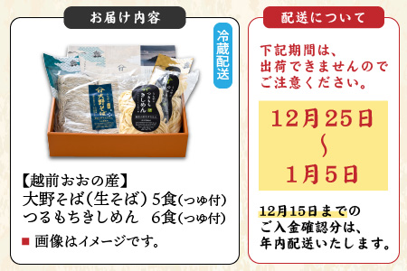 【先行予約】越前大野産 石臼挽き 越前そば 生そば5食 ＋ きしめん6食（つゆ付）【2026年1月7日～順次発送開始】